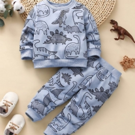 Bebis Pojkar Casual Söt Set Med Tecknad Dinosaur Print Pullover Sweatshirt & Sweatpants