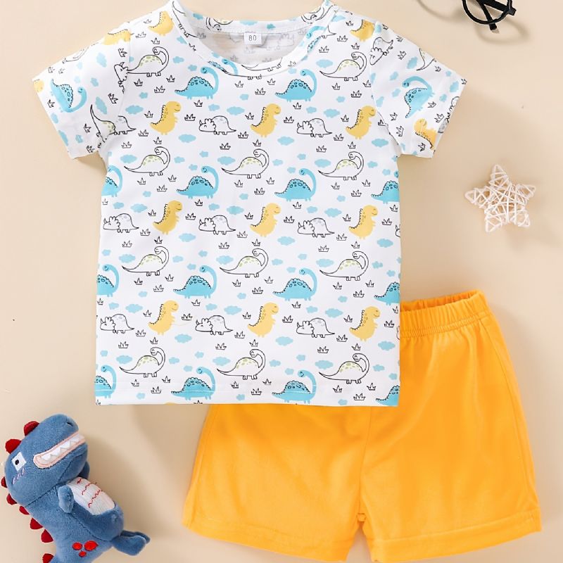 Bebis Pojkar Flickor Söt Tecknad Mini Dinosaurie Tryck T-shirt & Solida Shorts Set