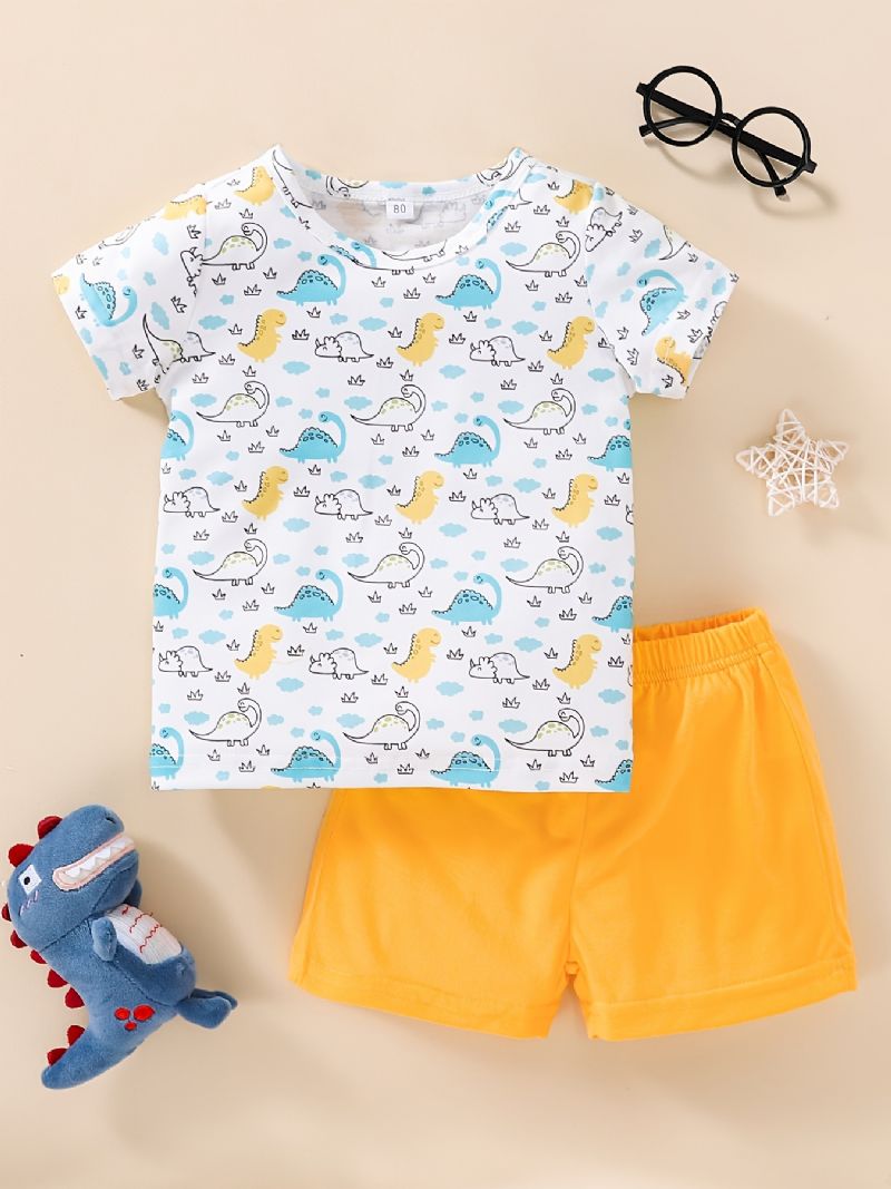 Bebis Pojkar Flickor Söt Tecknad Mini Dinosaurie Tryck T-shirt & Solida Shorts Set