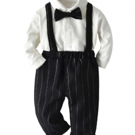 Bebis Pojkar Gentleman Outfit Långärmad Fluga Skjorta & Vertikalrandiga Hängselbyxor Set Barnkläder