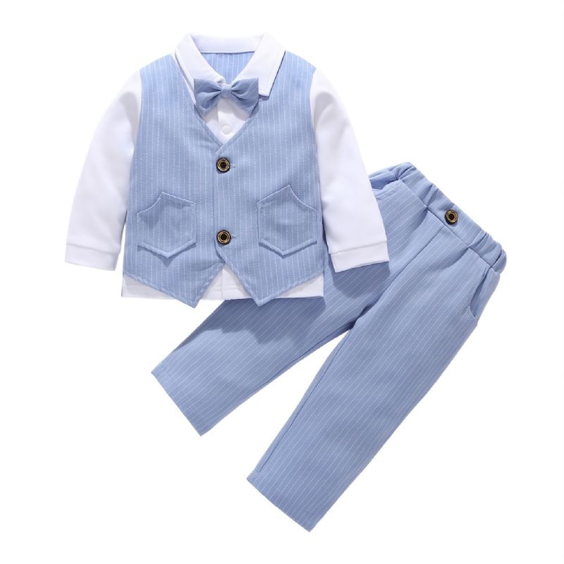 Bebis Pojkar Gentleman Outfit Långärmad Randig Skjorta Med Rosettdekor & Randiga Byxor Set För Bröllop