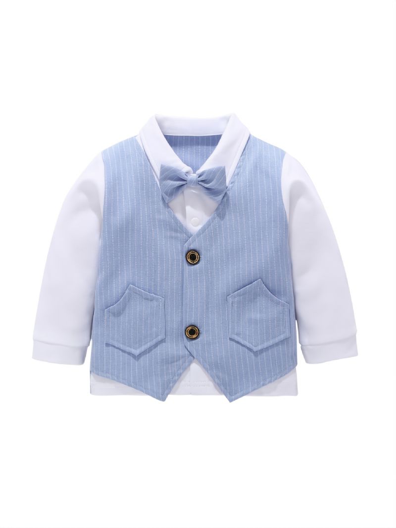 Bebis Pojkar Gentleman Outfit Långärmad Randig Skjorta Med Rosettdekor & Randiga Byxor Set För Bröllop
