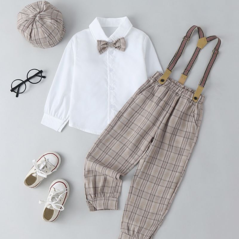 Bebis Pojkar Gentleman Outfit Långärmad Skjorta Med Rosett & Pläda Hängselbyxor Set Barnkläder