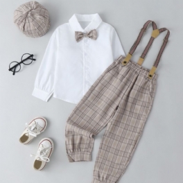 Bebis Pojkar Gentleman Outfit Långärmad Skjorta Med Rosett & Pläda Hängselbyxor Set Barnkläder