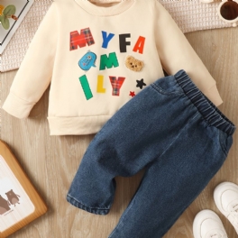 Bebis Pojkar Pullover Bear Bokstavstryck Långärmad Rundhals Sweatshirt & Jeans Set Barnkläder