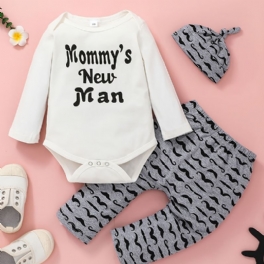 Bebis Pojkar Romper Set Med Mammas New Man Print Söt Casual Crew Neck Långärmad & Byxor & Hatt För Vinter