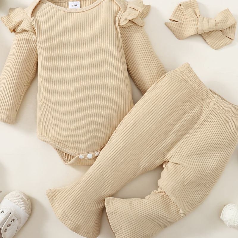 Bebis Ruffle Långärmad Romper Bodysuit + Flares Byxor Outfit Nyfödda Spädbarn Bebiskläder Set Layette Set
