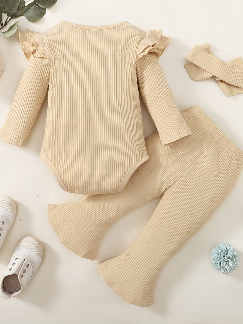 Bebis Ruffle Långärmad Romper Bodysuit + Flares Byxor Outfit Nyfödda Spädbarn Bebiskläder Set Layette Set