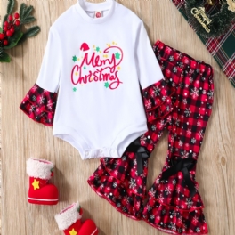 Christmas Set Barn Rompers Crew Neck Pläd Långärmad Flare Leg Pants Set