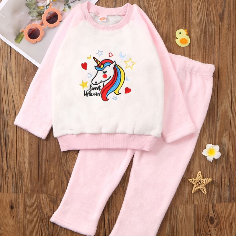 Enhörningsbroderad Flanellpyjamas För Barn Med Rund Hals Och Långärmad Topp & Byxor För Flickor