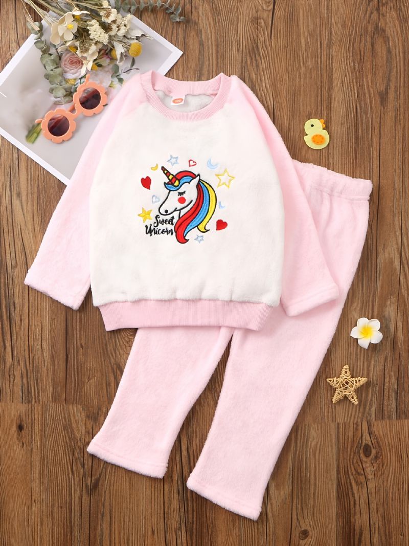 Enhörningsbroderad Flanellpyjamas För Barn Med Rund Hals Och Långärmad Topp & Byxor För Flickor