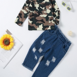 Flickor Camo Sleeve Top + Ripped Raw Hem Jeans Set Barnkläder