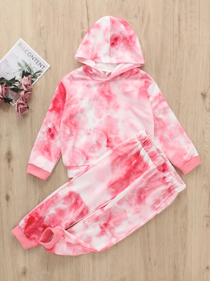 Flickor Casual Rosa Tie Dye Print Långärmad Hoodie Byx Set Höst Vinter