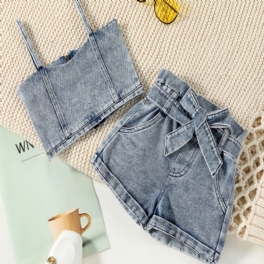 Flickor Denim Zip Suspender Cropped Top & Shorts & Bälte 3-delad Set