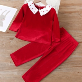 Flickor Heart Print Collar Långärmad Topp + Byxor Pyjamas Set Barnkläder