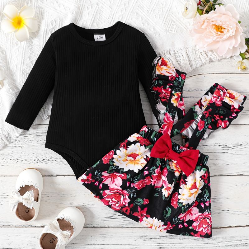 Flickor Långärmad Ribbad Jumpsuit + Blommönster Rosett Hängselkjol Set Bebiskläder