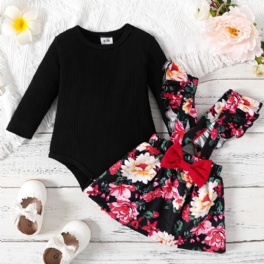 Flickor Långärmad Ribbad Jumpsuit + Blommönster Rosett Hängselkjol Set Bebiskläder