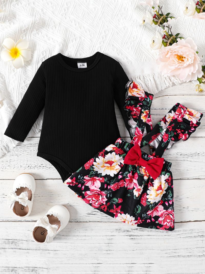 Flickor Långärmad Ribbad Jumpsuit + Blommönster Rosett Hängselkjol Set Bebiskläder