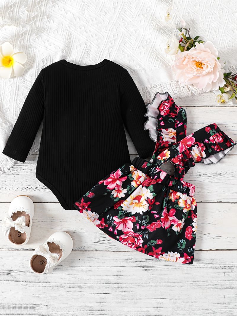 Flickor Långärmad Ribbad Jumpsuit + Blommönster Rosett Hängselkjol Set Bebiskläder