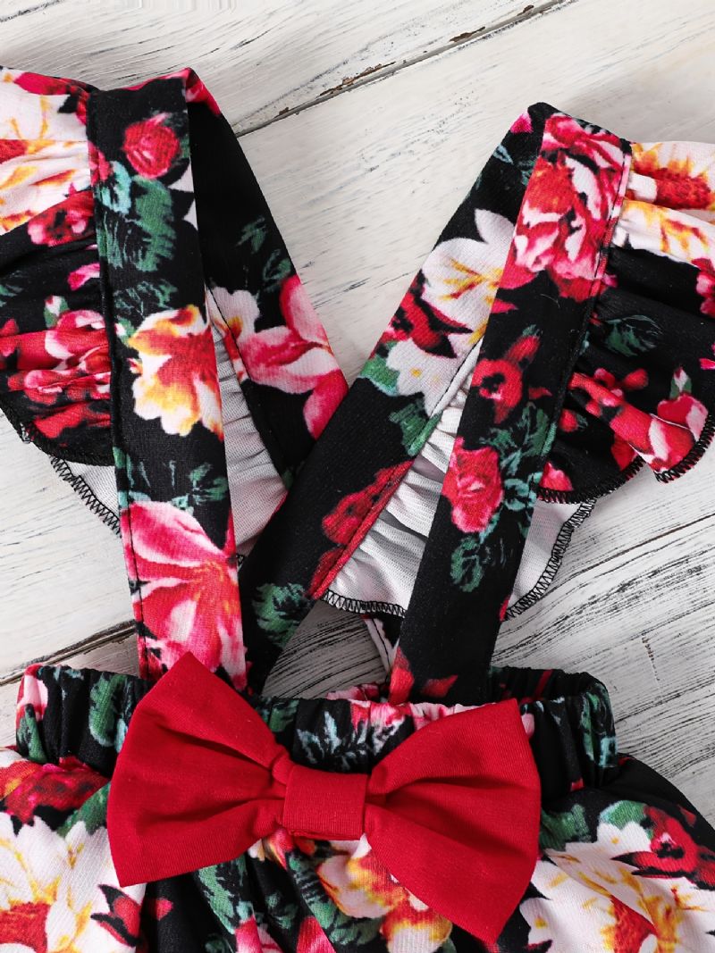 Flickor Långärmad Ribbad Jumpsuit + Blommönster Rosett Hängselkjol Set Bebiskläder