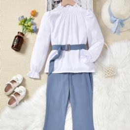 Flickor Långärmad Skjorta Med Bälte + Utsvängda Byxor Set Barnkläder Outfits