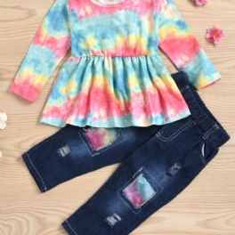 Flickor Långärmad Tie-dye Top & Ripped Patchwork Jeans Set