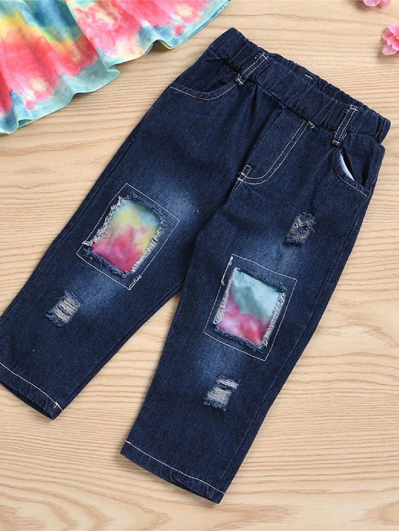 Flickor Långärmad Tie-dye Top & Ripped Patchwork Jeans Set