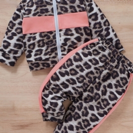 Flickor Leopard Print Color Block Dragkedja Sweatshirt + Byxa Set Bebiskläder