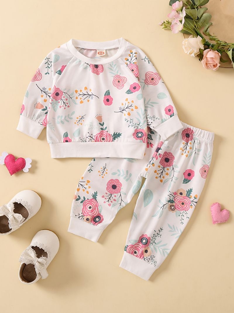Flickor Med Blommigt Tryck Långärmad Tröja + Byxor Set Nyfödda Bebiskläder Outfits