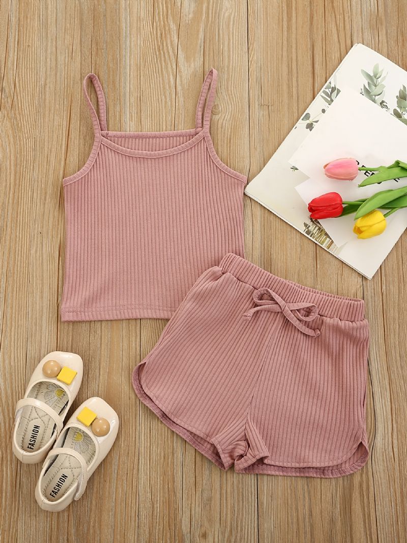 Flickor Ribbed Strap Top + Bowknot Shorts Set Barnkläder För Sommaren