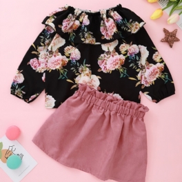 Flickor Rose Print Off Shoulder Top + Solid Kjol Set Barnkläder Outfits
