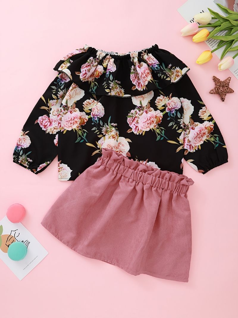 Flickor Rose Print Off Shoulder Top + Solid Kjol Set Barnkläder Outfits