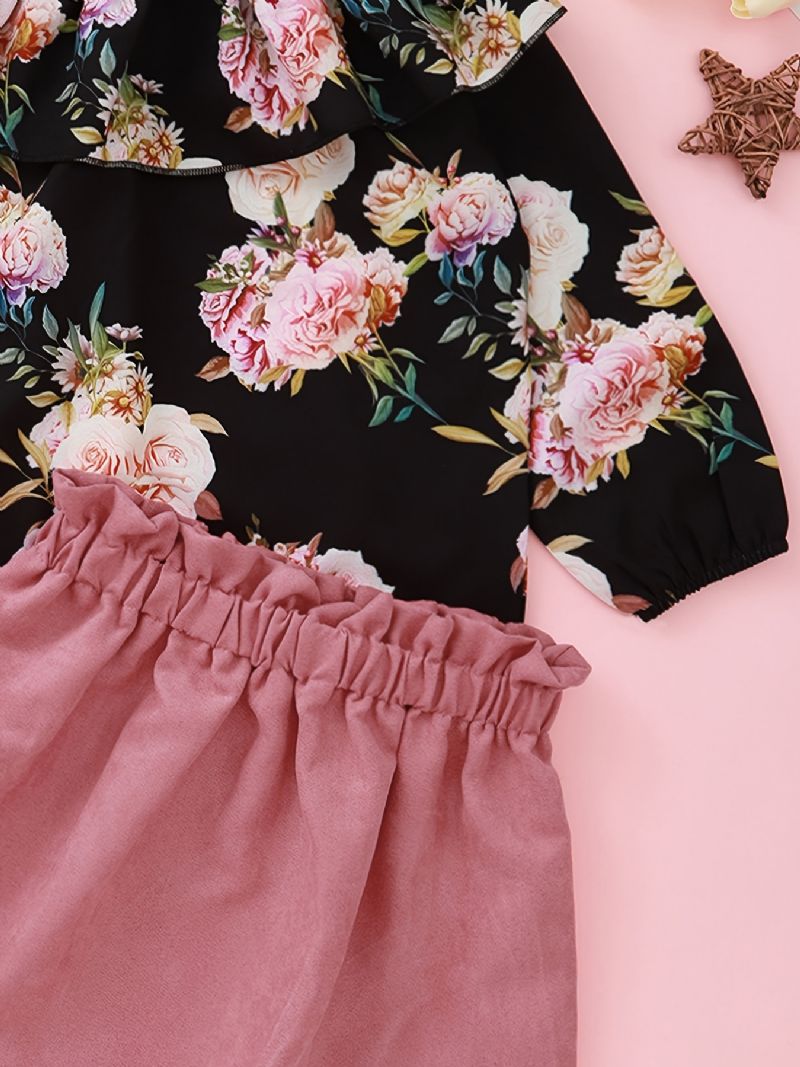 Flickor Rose Print Off Shoulder Top + Solid Kjol Set Barnkläder Outfits