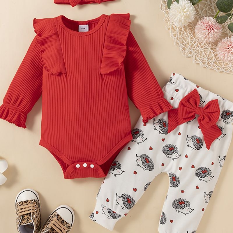 Flickor Ruffle Långärmad Romper + Print Byx Set Bebiskläder Bodysuit