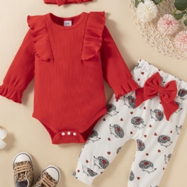 Flickor Ruffle Långärmad Romper + Print Byx Set Bebiskläder Bodysuit