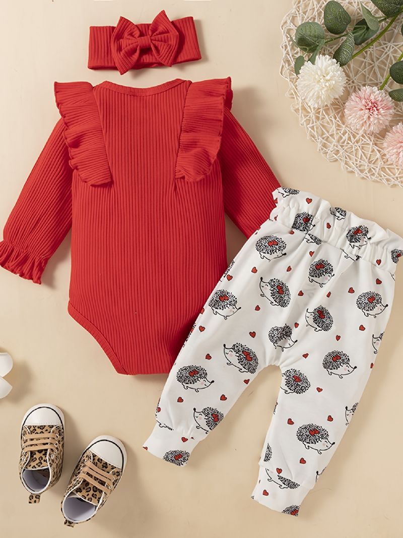 Flickor Ruffle Långärmad Romper + Print Byx Set Bebiskläder Bodysuit