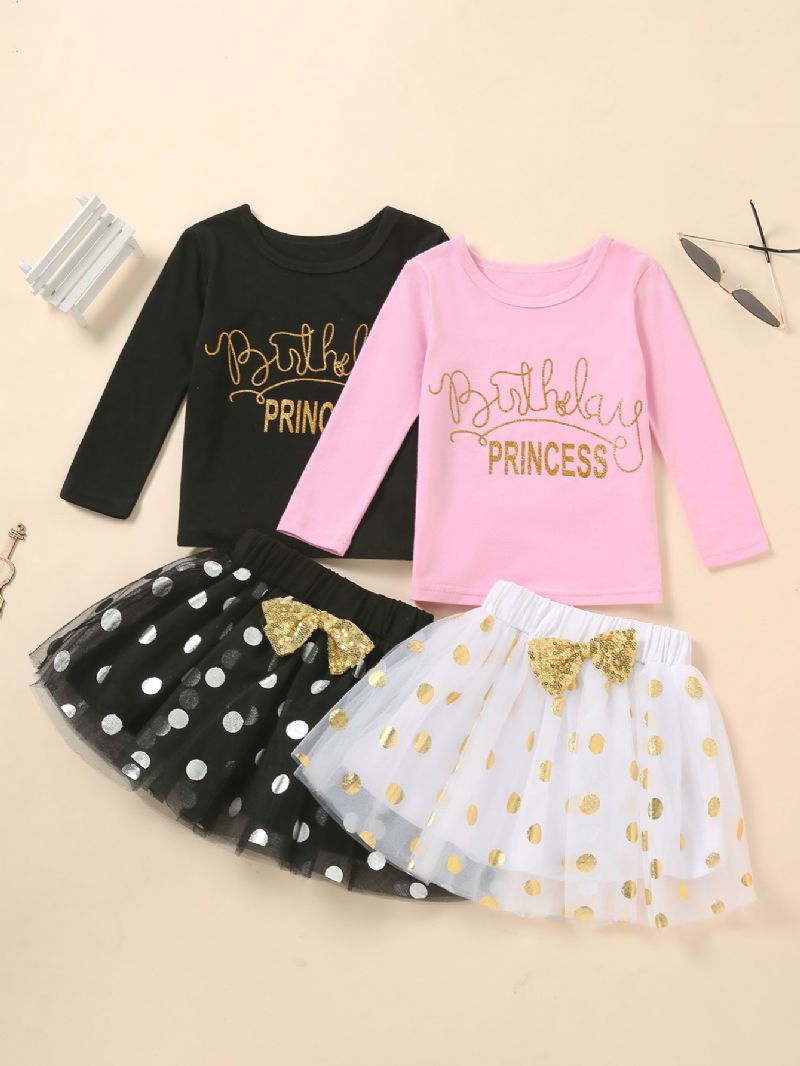 Flickor Rundhalsad Långärmad Topp + Polka Dot Mesh Kjol Set Barnkläder