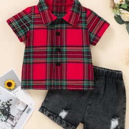 Flickor Rutig Kortärmad Skjorta + Kort Jeansset Barnkläder Outfits
