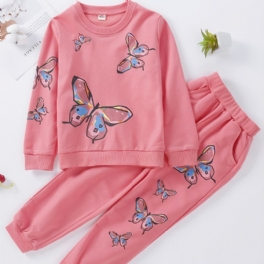 Höst Vinter Flickor Butterfly Printed Crew Neck Sport Casual Långärmade Byxor Set