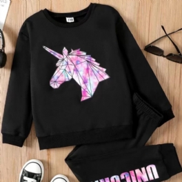 Höstvinter Flickor Casual Unicorn Sweatshirt Byxor 2st Set