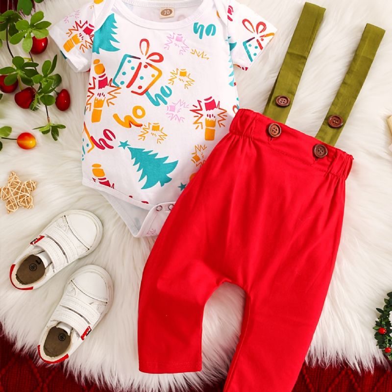 Julkläder För Spädbarn Romper Kortärmad Body & Röda Hängslen Byxuppsättningar Bebis Pojkar Barnkläder