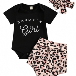 Kortärmad Spädbarnsbyxa Daddy's Flickor Bokstavstryck Bodysuit & Leopard Shorts & Pannband Set För Bebis Småbarnskläder
