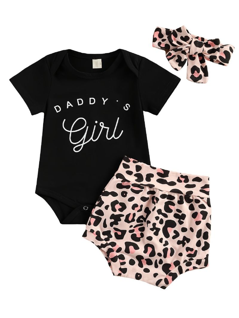 Kortärmad Spädbarnsbyxa Daddy's Flickor Bokstavstryck Bodysuit & Leopard Shorts & Pannband Set För Bebis Småbarnskläder