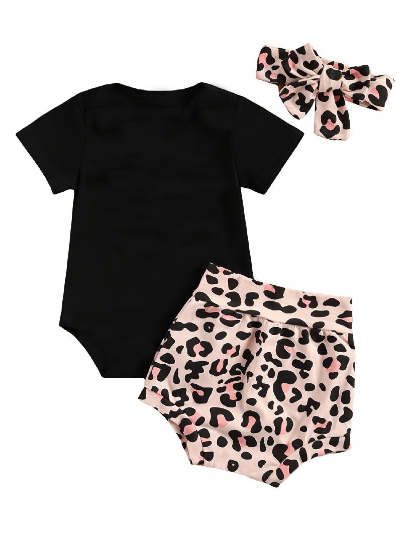 Kortärmad Spädbarnsbyxa Daddy's Flickor Bokstavstryck Bodysuit & Leopard Shorts & Pannband Set För Bebis Småbarnskläder