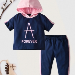 Långärmad Avslappnad Huvtröja För Flickor + Matchande Färgblock Träningsbyxor Set Barnkläder