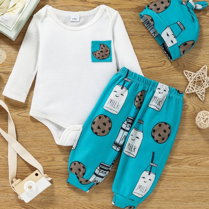 Långärmad Flicka Bodysuit + Cartoon Print Byxor + Hatt Set Bebiskläder
