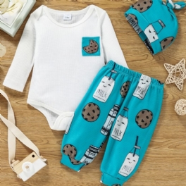 Långärmad Flicka Bodysuit + Cartoon Print Byxor + Hatt Set Bebiskläder