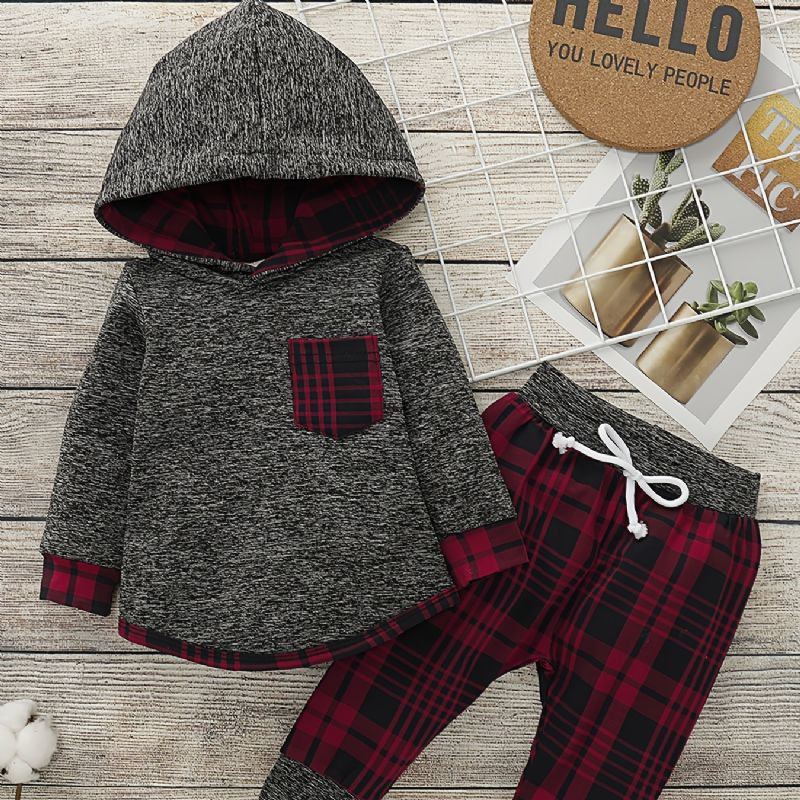 Newborn Bebis Pojkar Flickor Långärmad Luvtröja + Rutiga Byxor Set Bebiskläder Outfit För Jul
