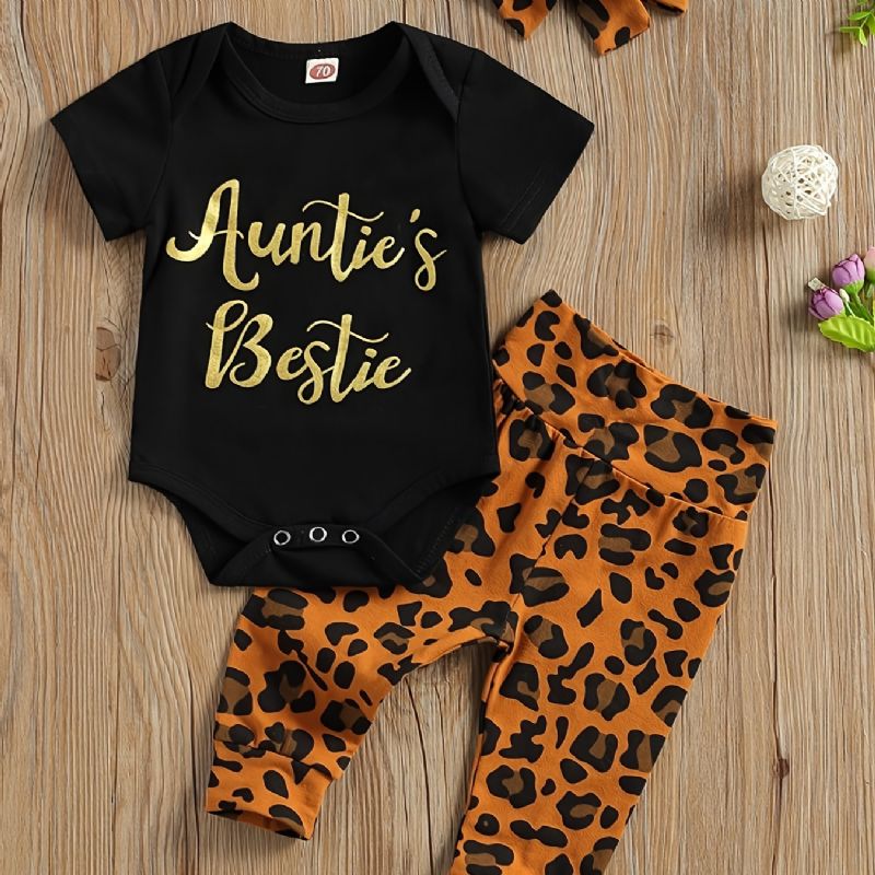 Nyfödd Flicka Kortärmad Romper + Leopard Print Byx Set Bebiskläder Outfits Bodysuit