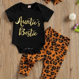 Nyfödd Flicka Kortärmad Romper + Leopard Print Byx Set Bebiskläder Outfits Bodysuit